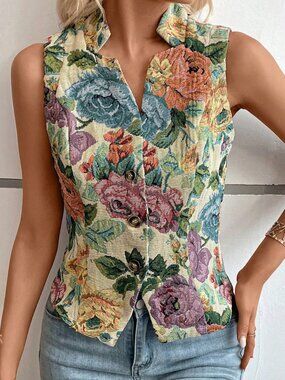 Vintage-Inspired Floral Tapestry Button-Up Vest